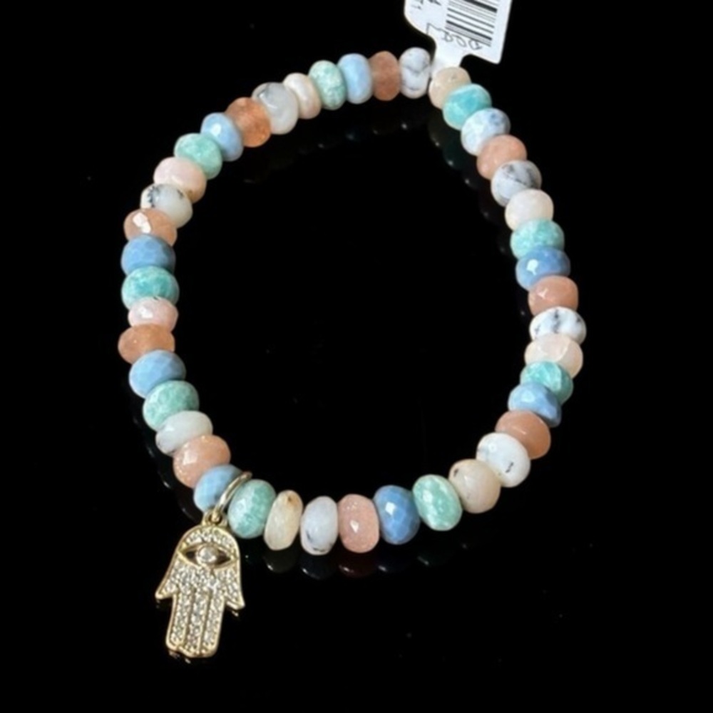 RARITIES Carol Brodie Multi Gemstone Bead Bracelet with HAMSA CHARM S-M